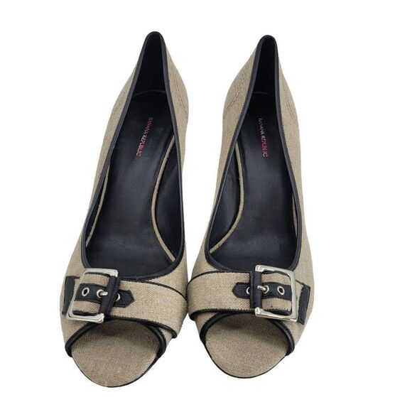 Vintage 80's Banana Republic Pumps 11 Tan Canvas Leather Buckle Open Toe Twee - Picture 6 of 15